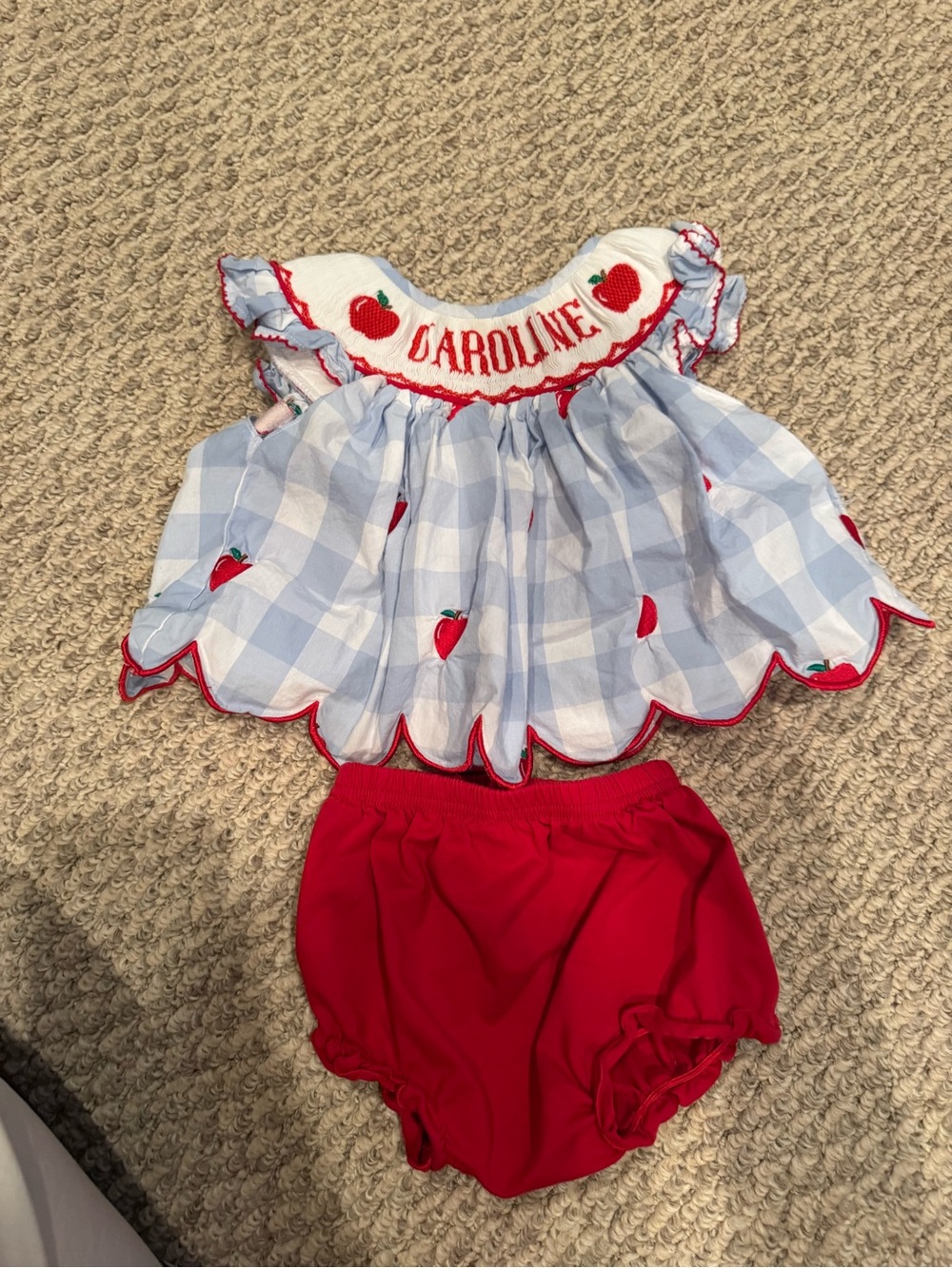 Personalized Blue Gingham Apple Dress with Red Bloomers - Caroline